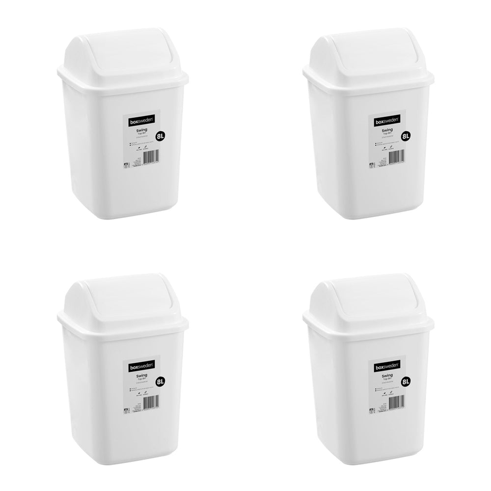 4PK Boxsweden 8L/33cm Swing Top Bin Trash Container - White