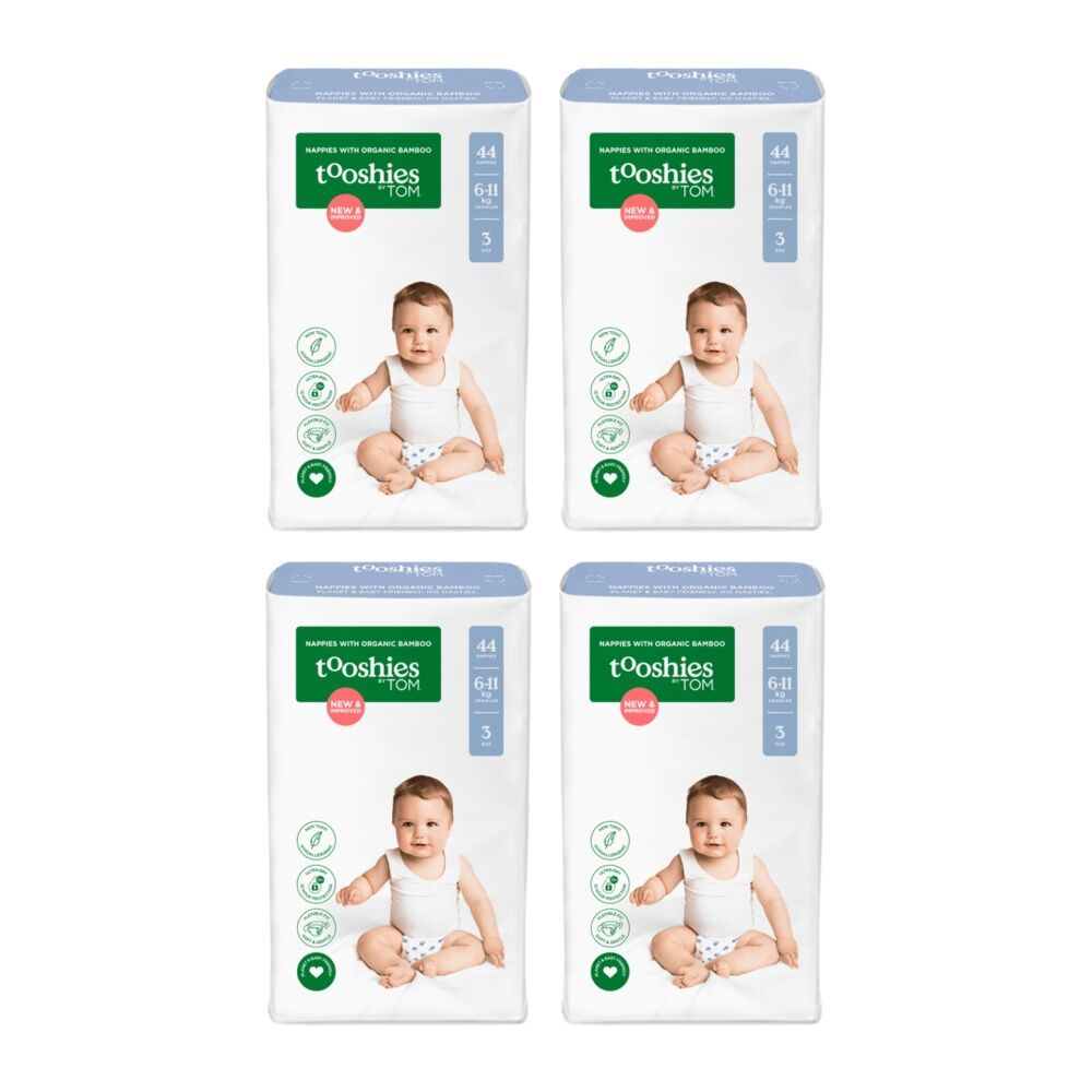 4PK 44pc Tooshies Organic Bamboo Crawler Unisex Nappies Diapers 6-11kg Size 3