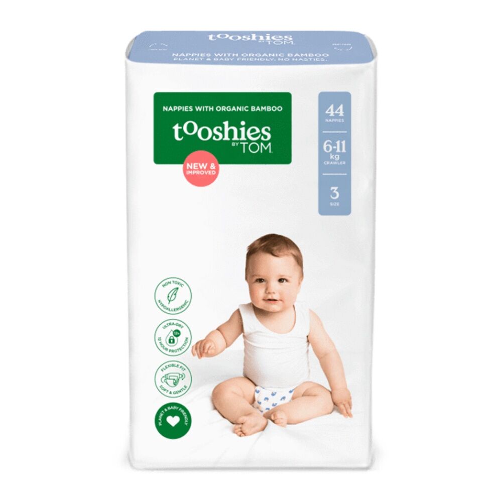 4PK 44pc Tooshies Organic Bamboo Crawler Unisex Nappies Diapers 6-11kg Size 3