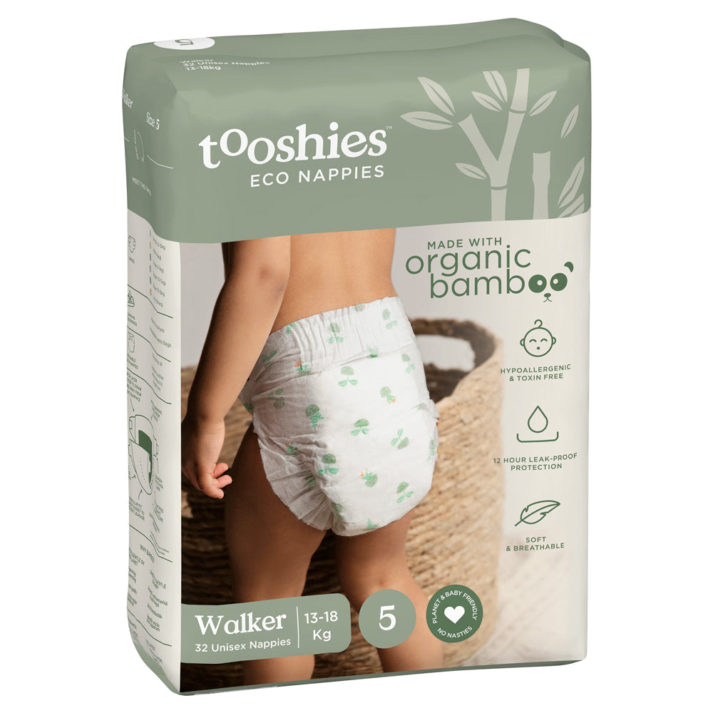 2x 32pc Tooshies Organic Bamboo Unisex Walker Nappies 13-18kg Size 5
