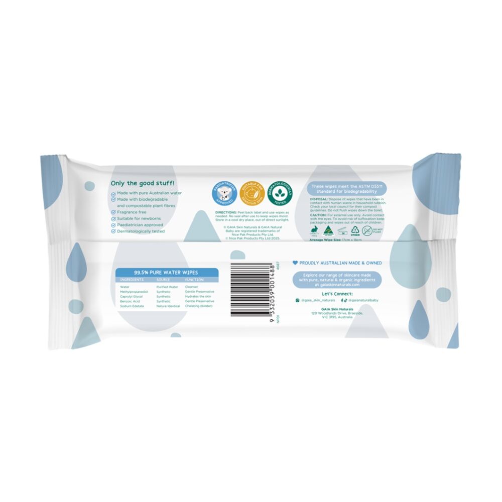 16x 70pc GAIA Natural Baby Gentle 99.5% Pure Water Wipes Eco-Friendly