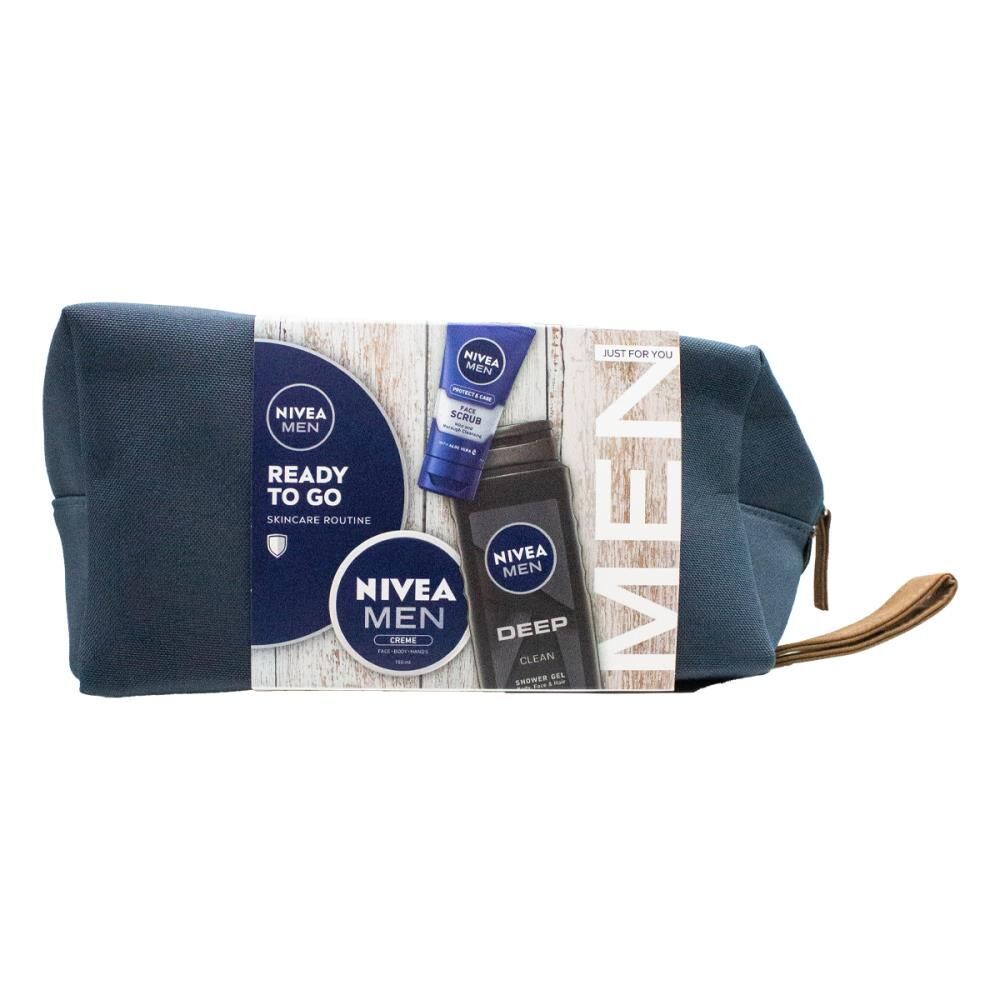 3PK Nivea Mens Ready to Go Skincare Gift Bag w/Shower Gel Face Scrub Creme