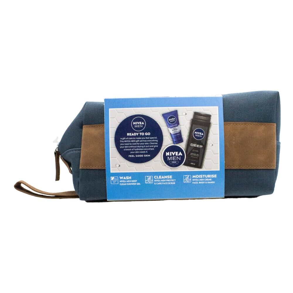 3PK Nivea Mens Ready to Go Skincare Gift Bag w/Shower Gel Face Scrub Creme
