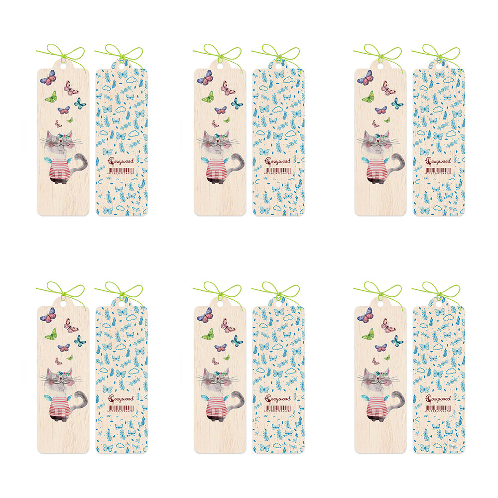 6PK Cozywood Wooden Bookmark 4.5x14cm - Pussycat and Butterflies