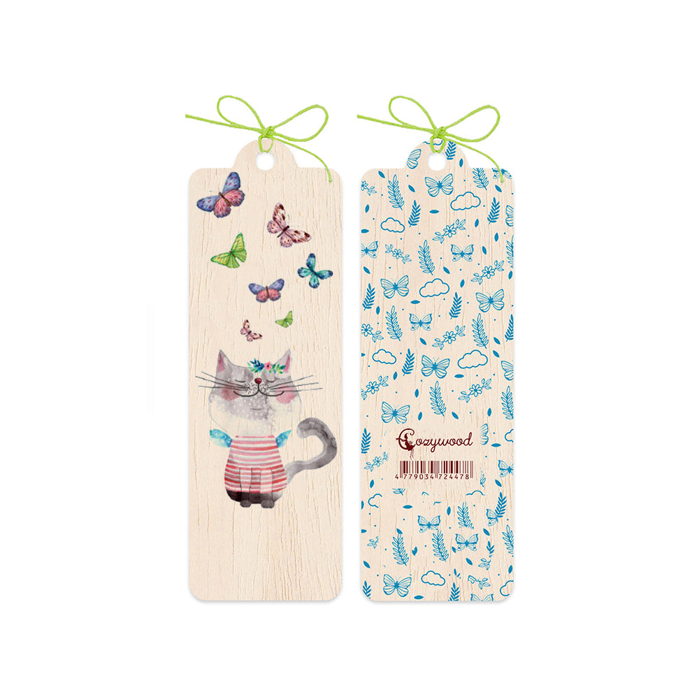 6PK Cozywood Wooden Bookmark 4.5x14cm - Pussycat and Butterflies