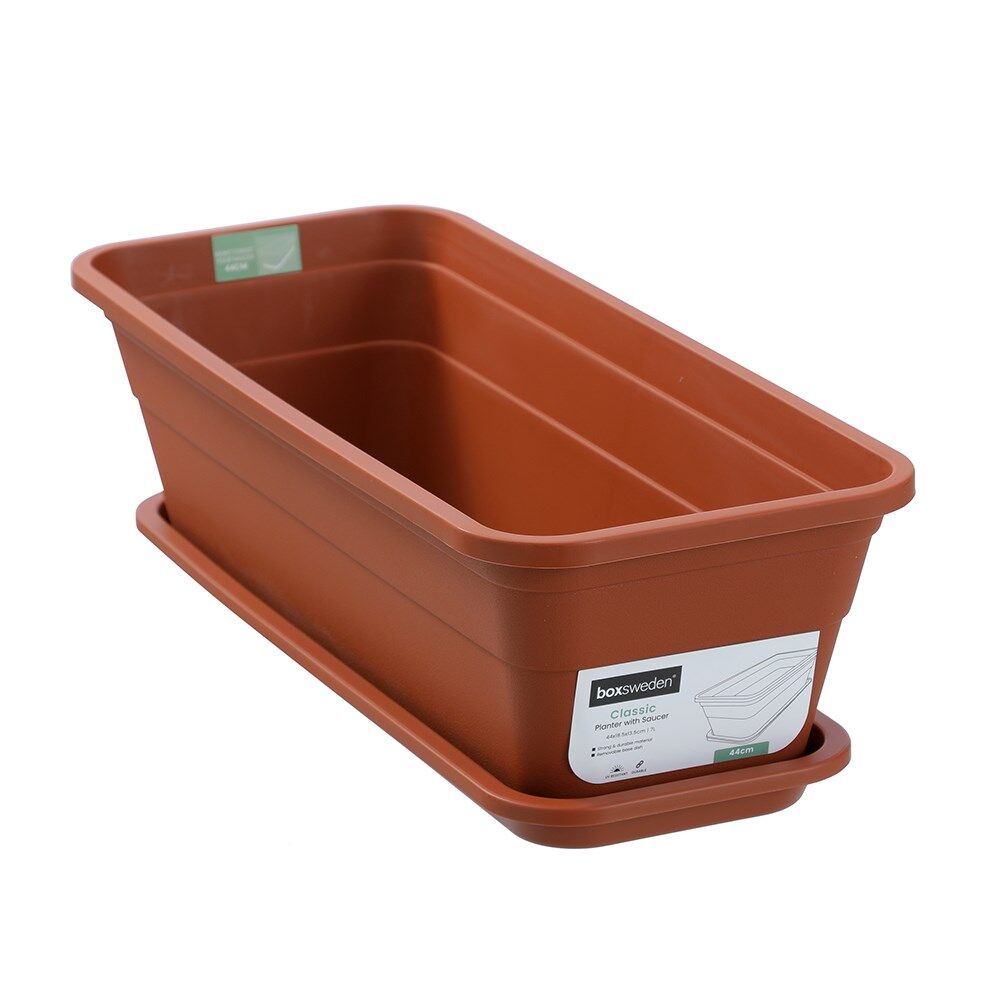 12PK Boxsweden Classic Plastic Planter Rect 44cm w/ Saucer 44x18.5x13.5cm Assorted