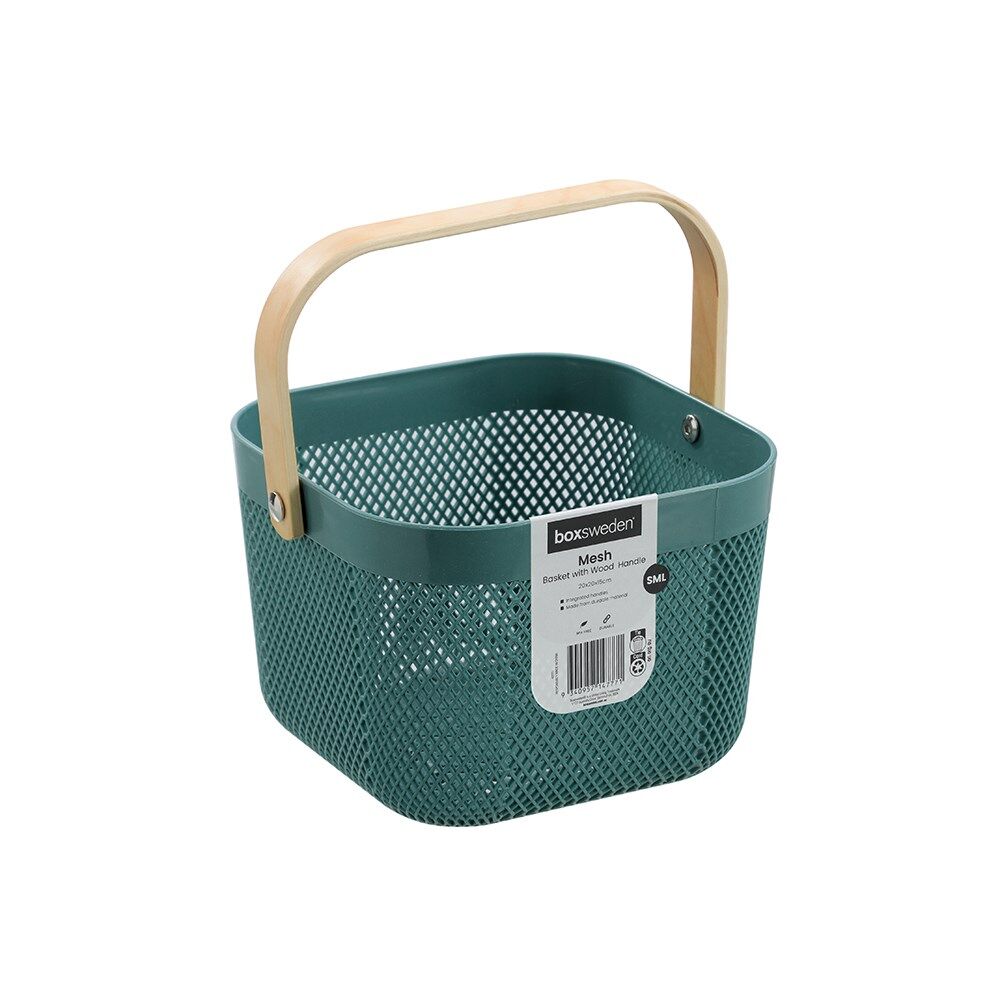 12PK Boxsweden Mesh Plastic Basket Wood Handle Small 20x20x15cm Assorted