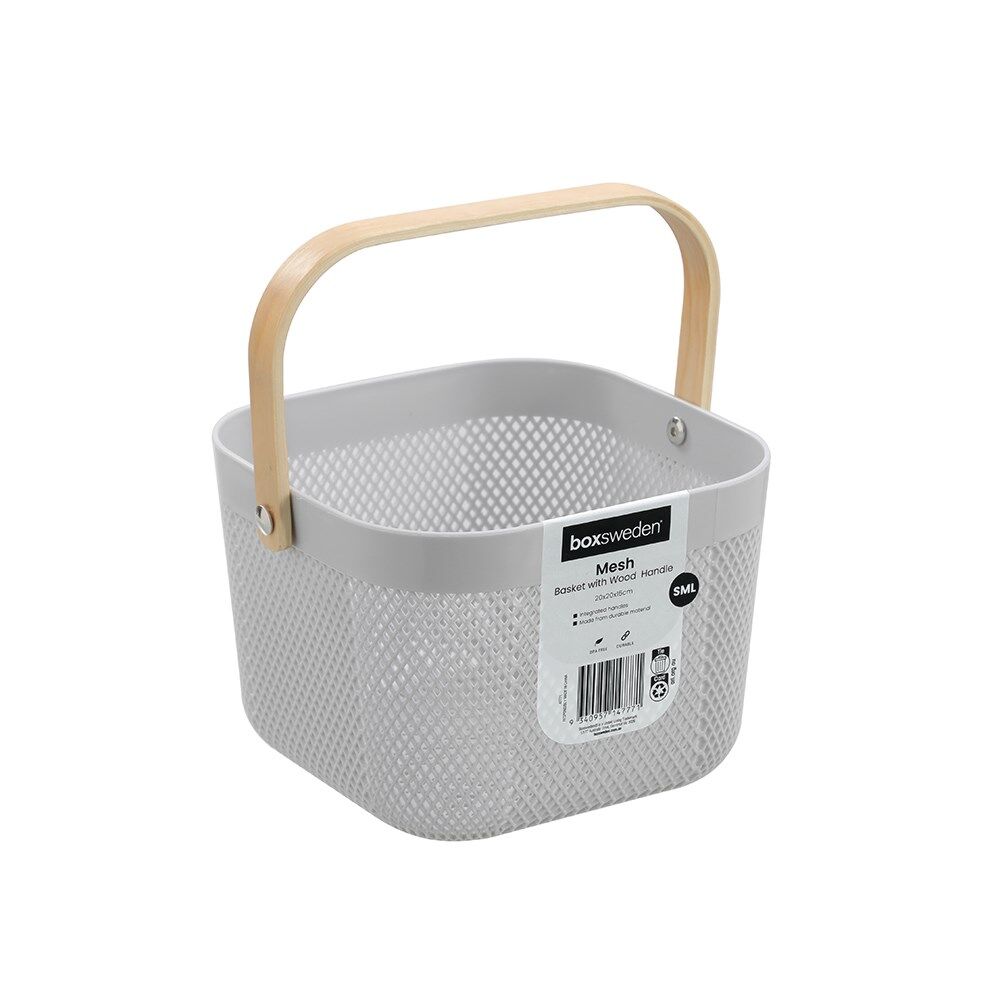 12PK Boxsweden Mesh Plastic Basket Wood Handle Small 20x20x15cm Assorted