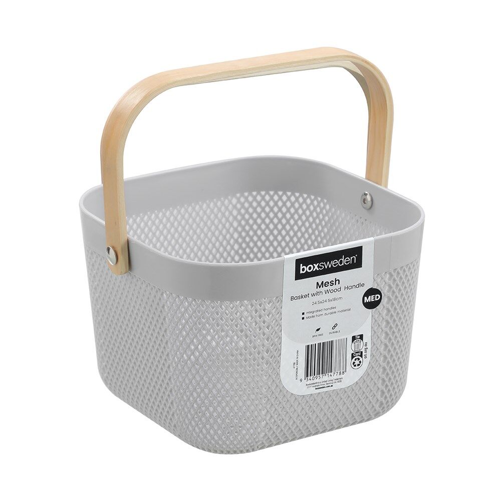 8PK Boxsweden Mesh Plastic Basket Wood Handle Medium 24.5x24.5x18cm Assorted