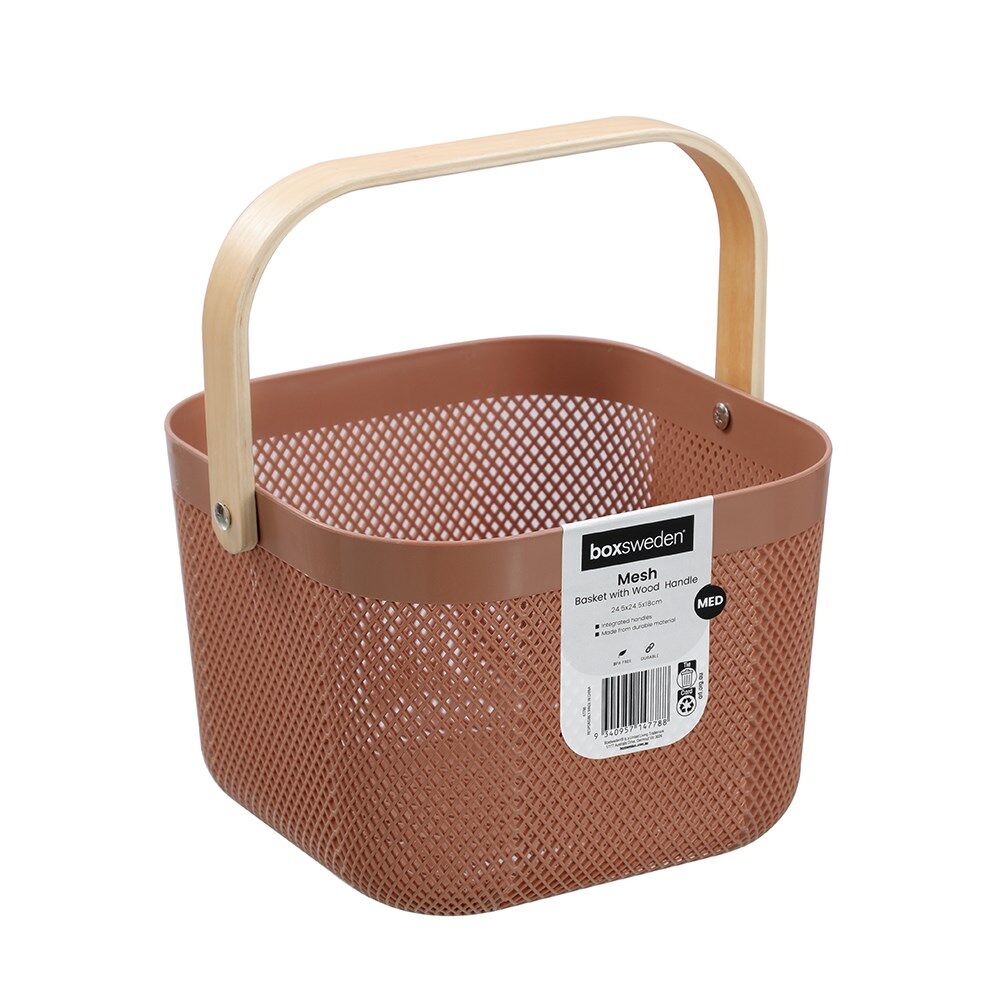8PK Boxsweden Mesh Plastic Basket Wood Handle Medium 24.5x24.5x18cm Assorted
