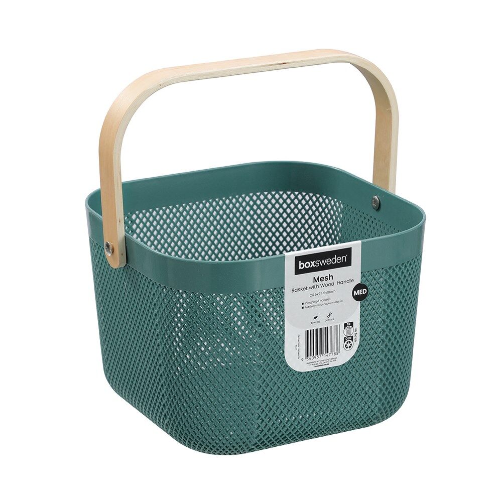 8PK Boxsweden Mesh Plastic Basket Wood Handle Medium 24.5x24.5x18cm Assorted
