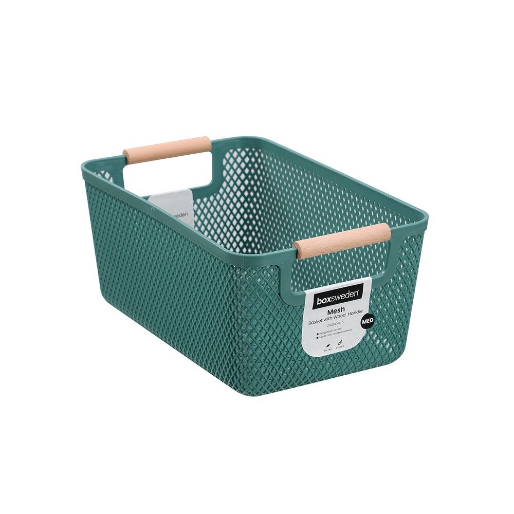 12PK Boxsweden Mesh Plastic Basket Wood Handle Medium 31x20x14cm Assorted