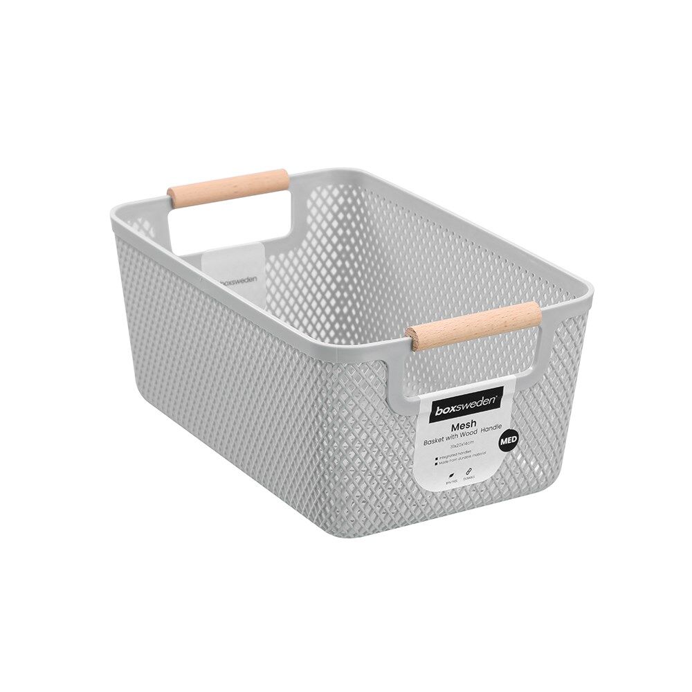 12PK Boxsweden Mesh Plastic Basket Wood Handle Medium 31x20x14cm Assorted
