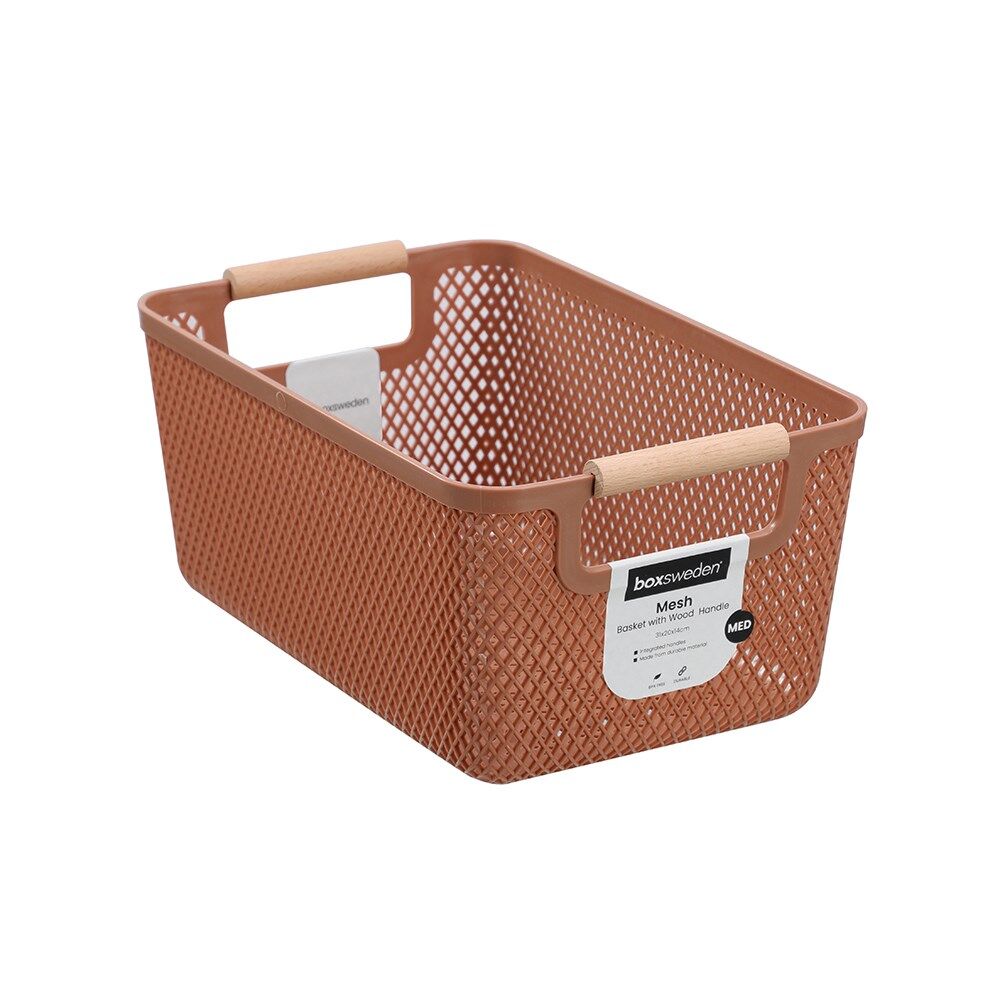 12PK Boxsweden Mesh Plastic Basket Wood Handle Medium 31x20x14cm Assorted