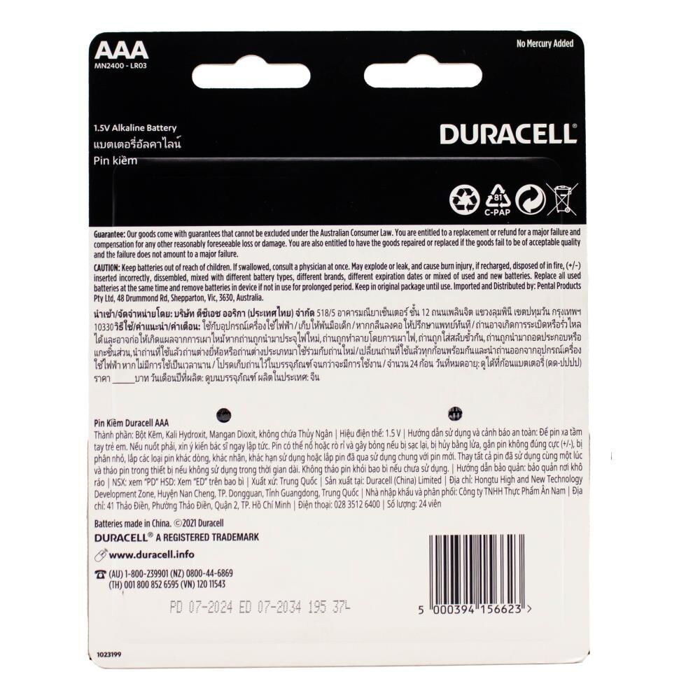 24pc Duracell AAA Size 1.5V Alkaline Battery Pack Single-Use Batteries