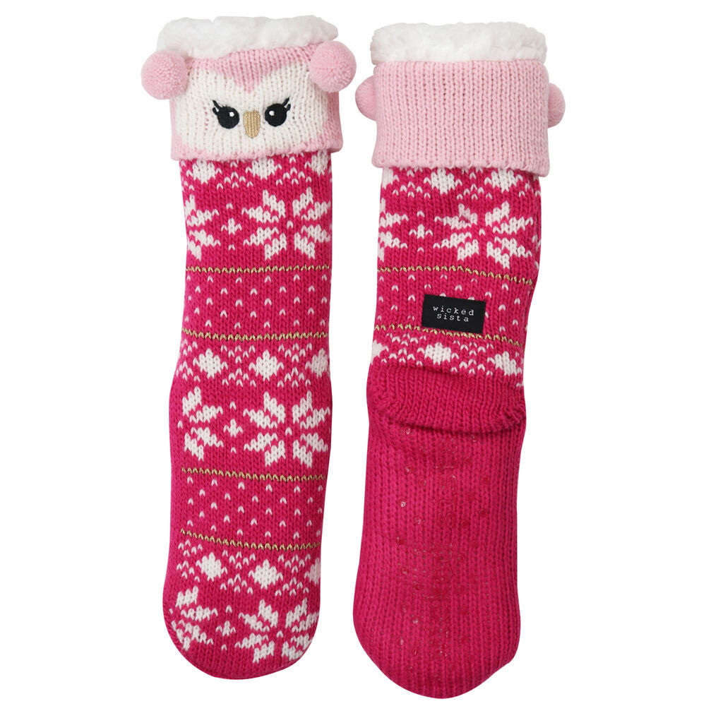 2PK Wicked Sista Animal Slipper Socks Owl Cuff One Size - Pink