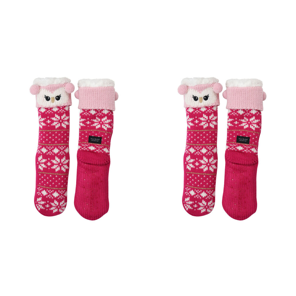 2PK Wicked Sista Animal Slipper Socks Owl Cuff One Size - Pink