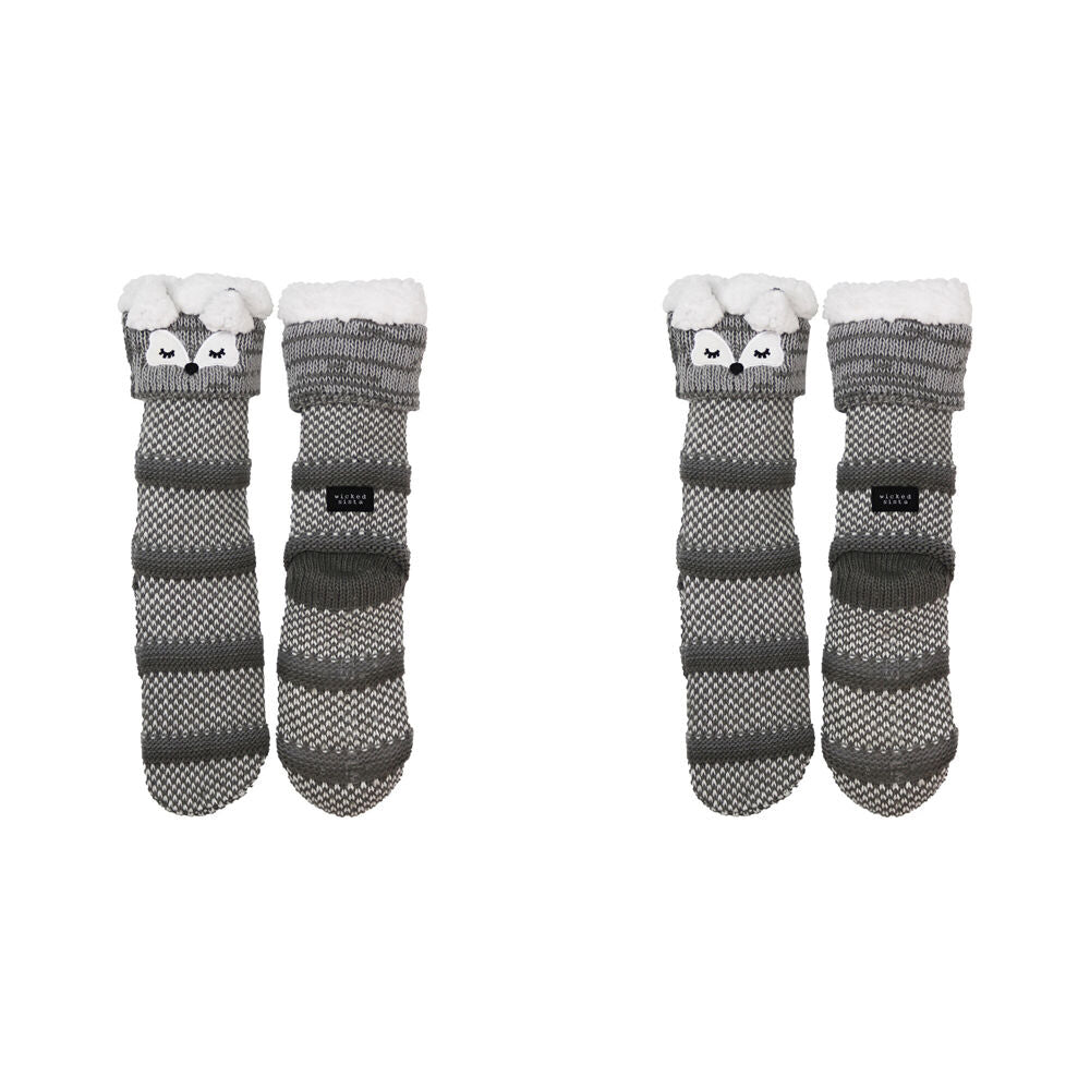 2PK Wicked Sista Animal Slipper Socks Fox Cuff One Size - Grey