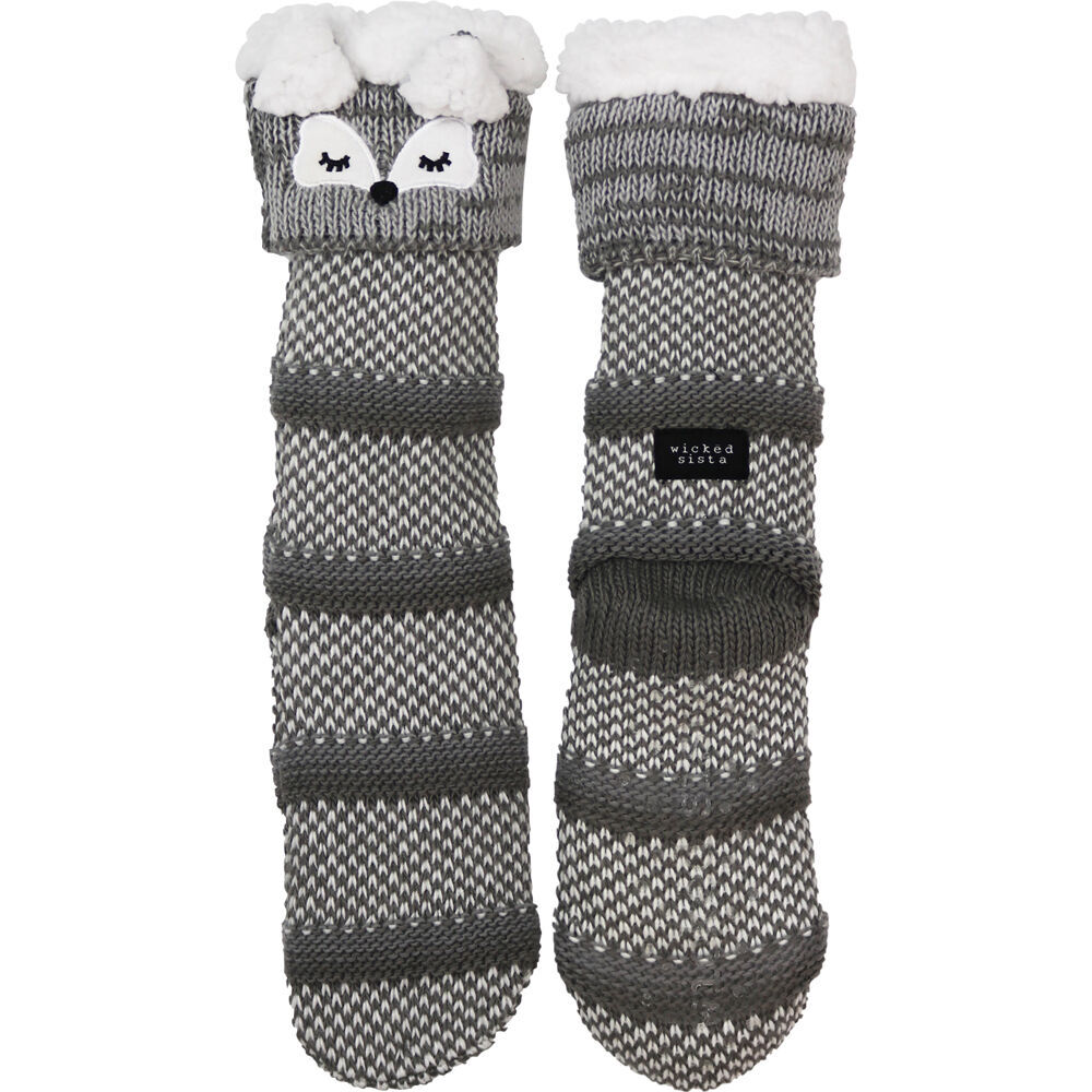 2PK Wicked Sista Animal Slipper Socks Fox Cuff One Size - Grey
