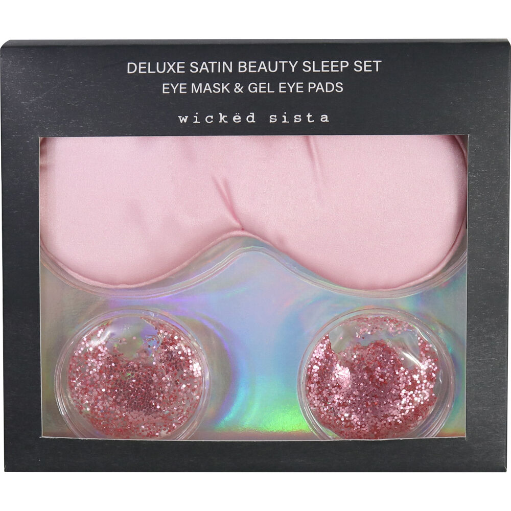 2PK Wicked Sista Deluxe Satin Beauty Sleep Mask & Gel Pads Set - Pink