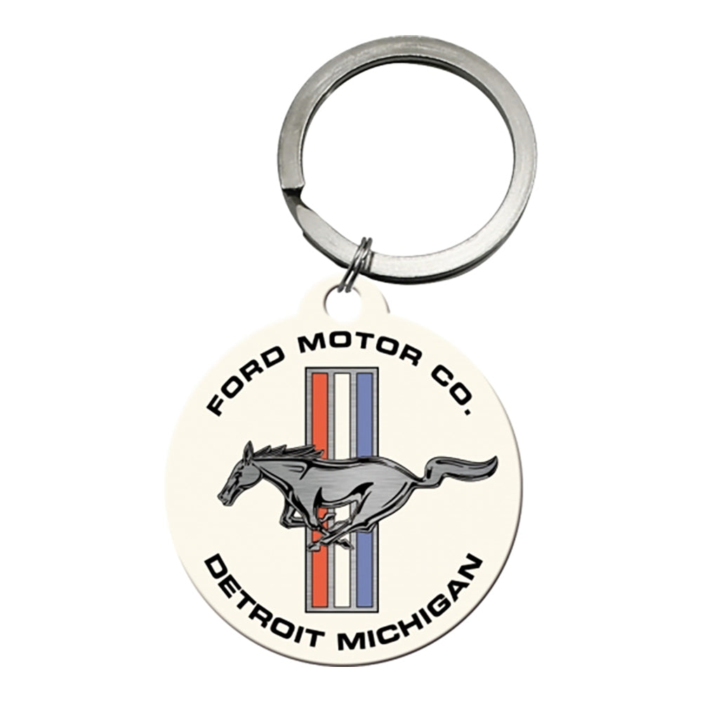 2PK Nostalgic Art Metal 7.5cm Round Keyring - Ford Mustang Horse and Stripes Logo