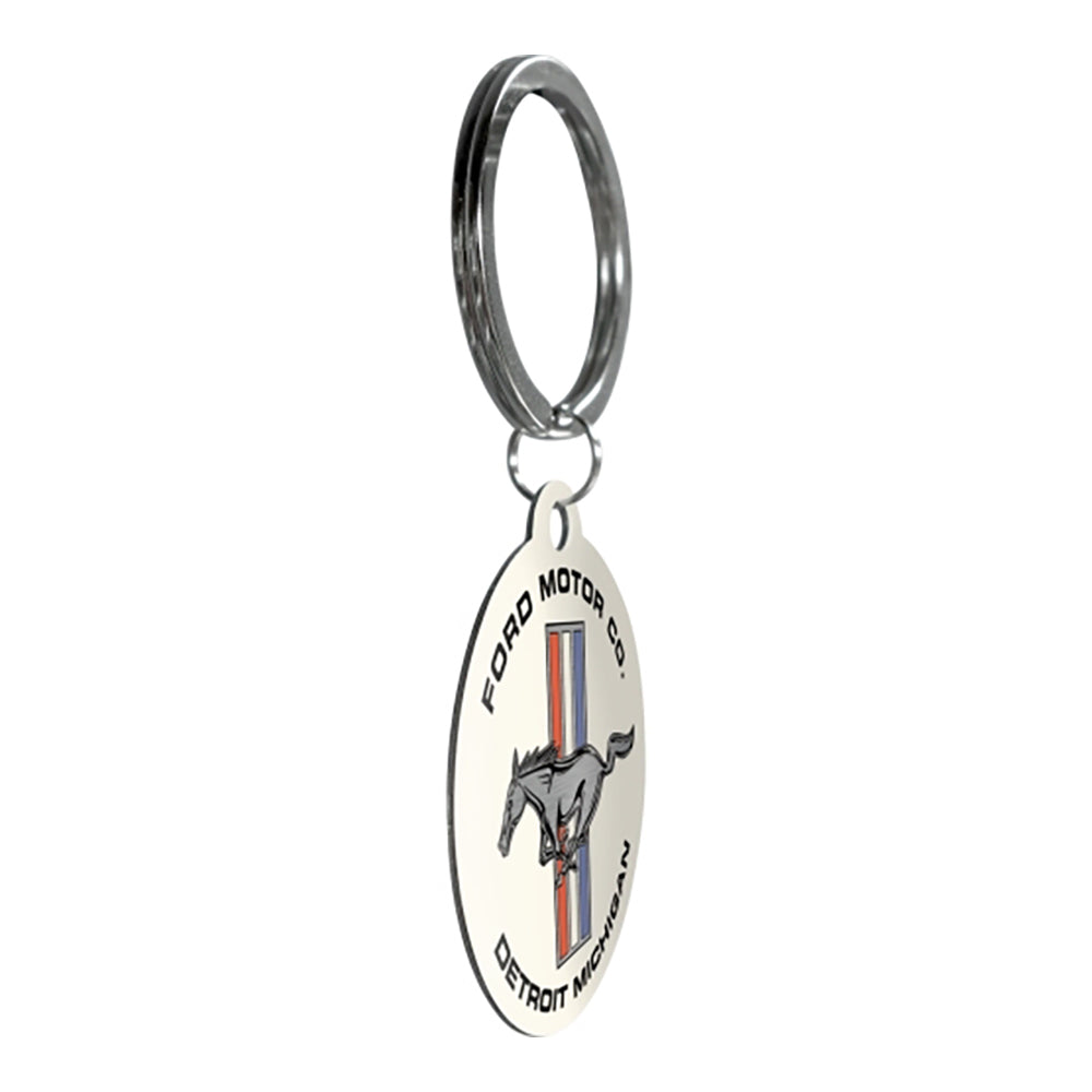 2PK Nostalgic Art Metal 7.5cm Round Keyring - Ford Mustang Horse and Stripes Logo