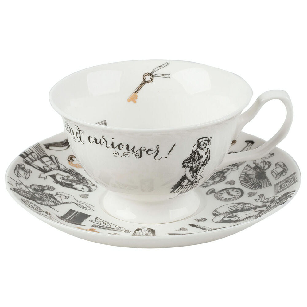 2PK Mikasa x V & A Alice In Wonderland Tea Cup and Saucer Set White/Black