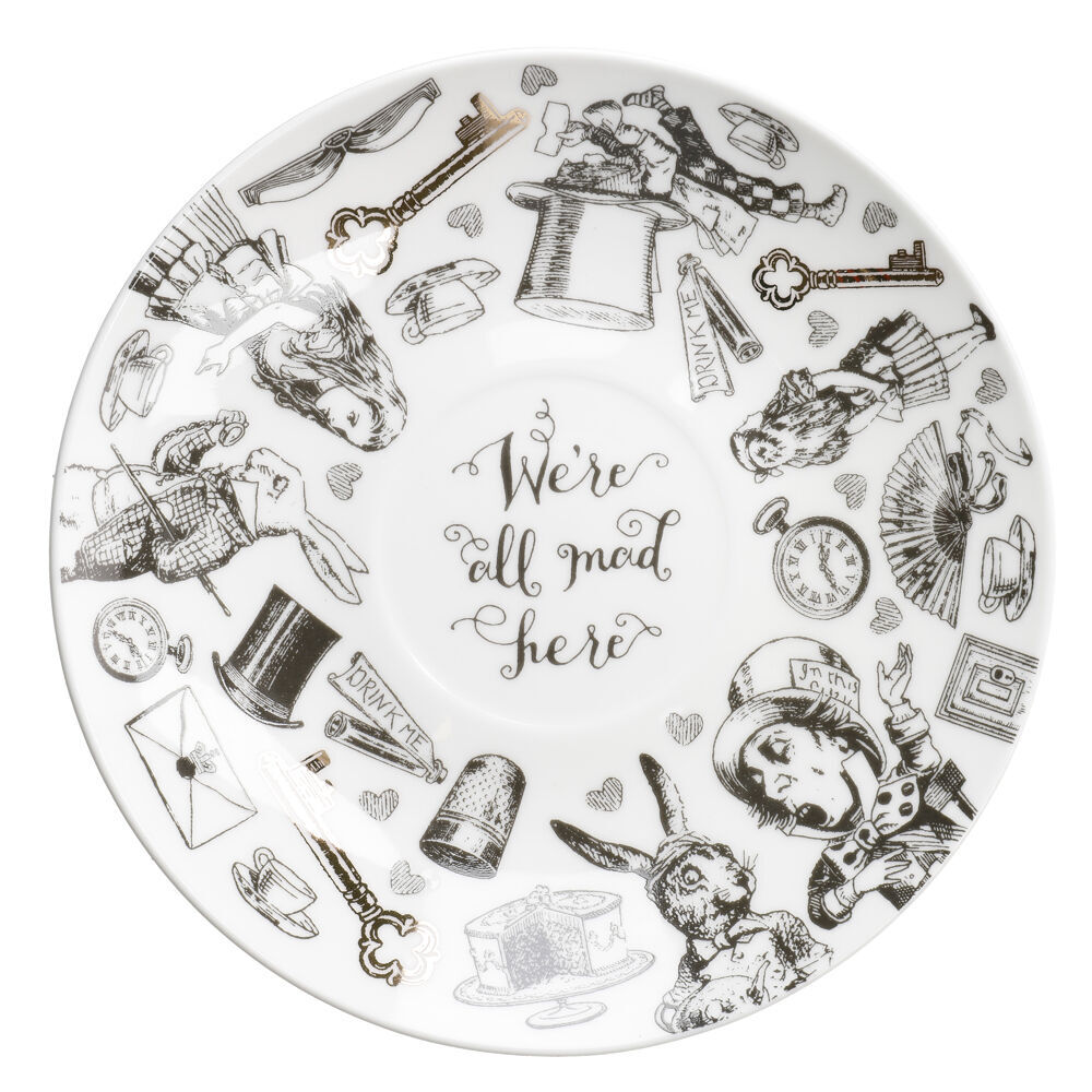 2PK Mikasa x V & A Alice In Wonderland Tea Cup and Saucer Set White/Black