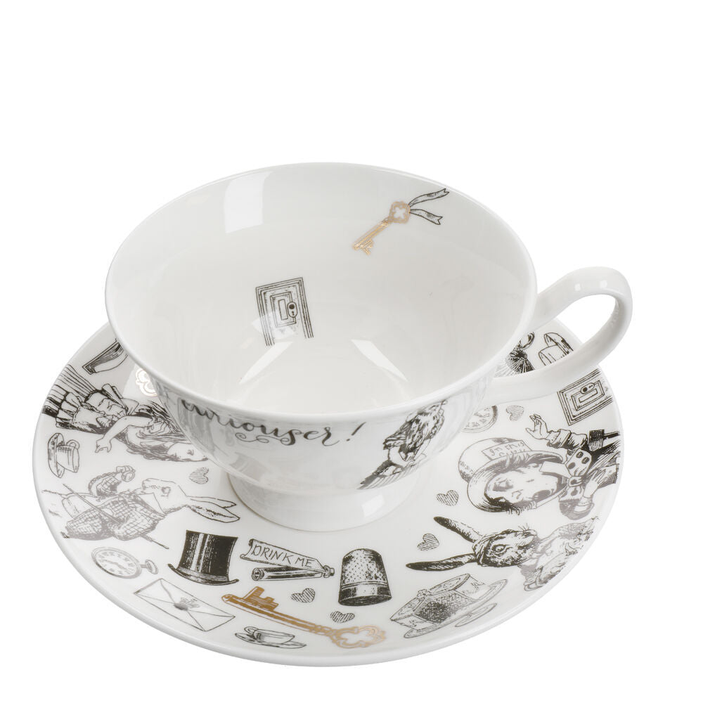 2PK Mikasa x V & A Alice In Wonderland Tea Cup and Saucer Set White/Black