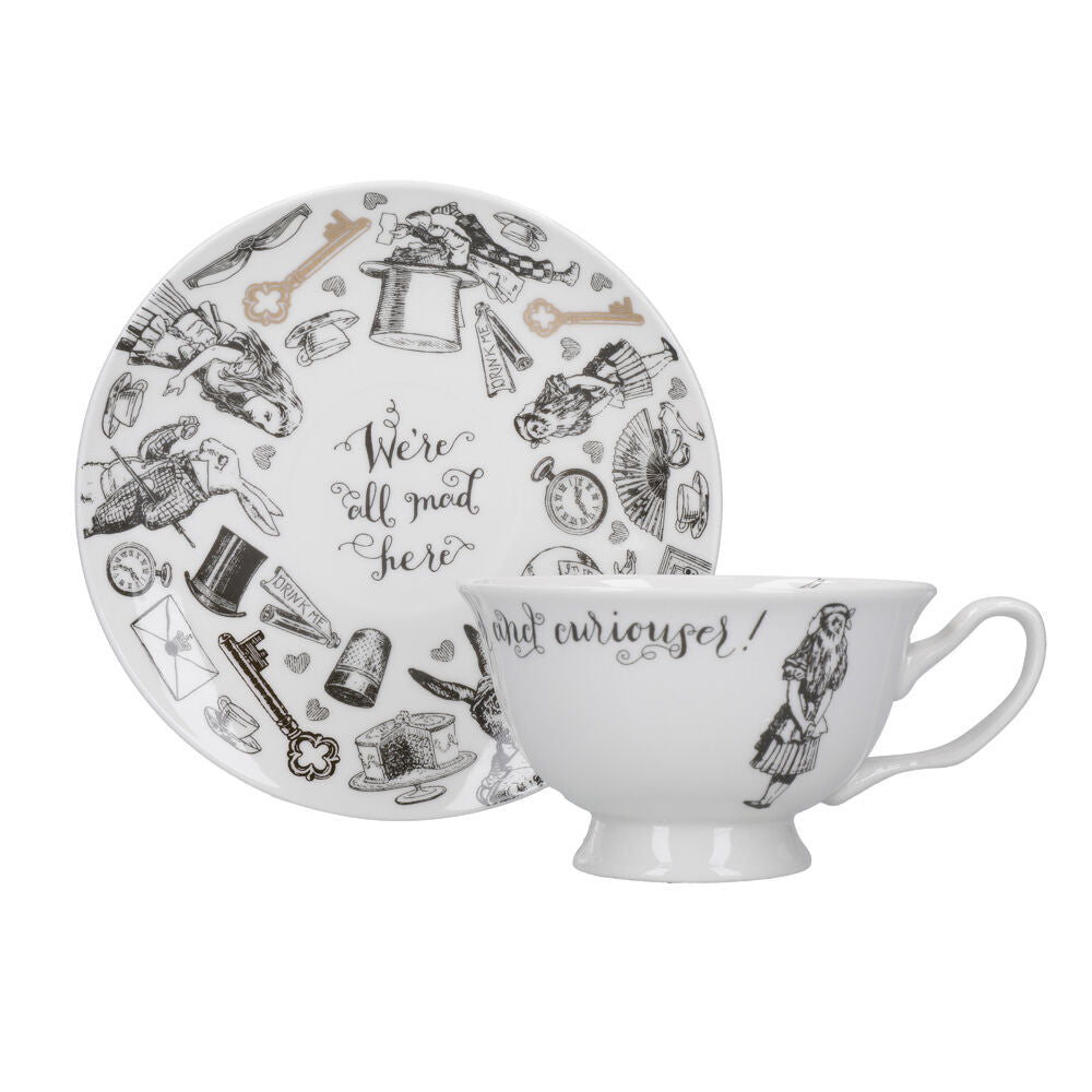 2PK Mikasa x V & A Alice In Wonderland Tea Cup and Saucer Set White/Black