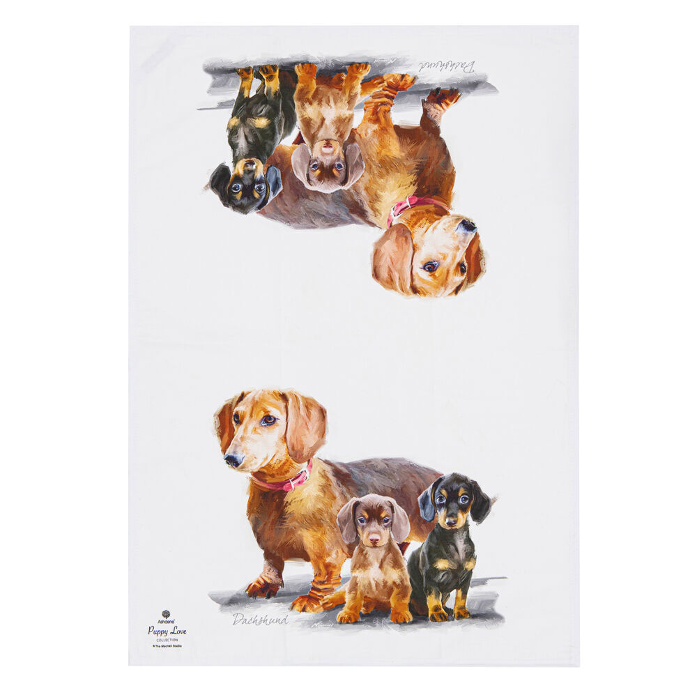 2x 2pc Ashdene Puppy Love Dachshund Kitchen Tea Towel 50x70cm - White