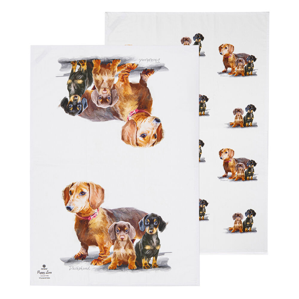 2x 2pc Ashdene Puppy Love Dachshund Kitchen Tea Towel 50x70cm - White