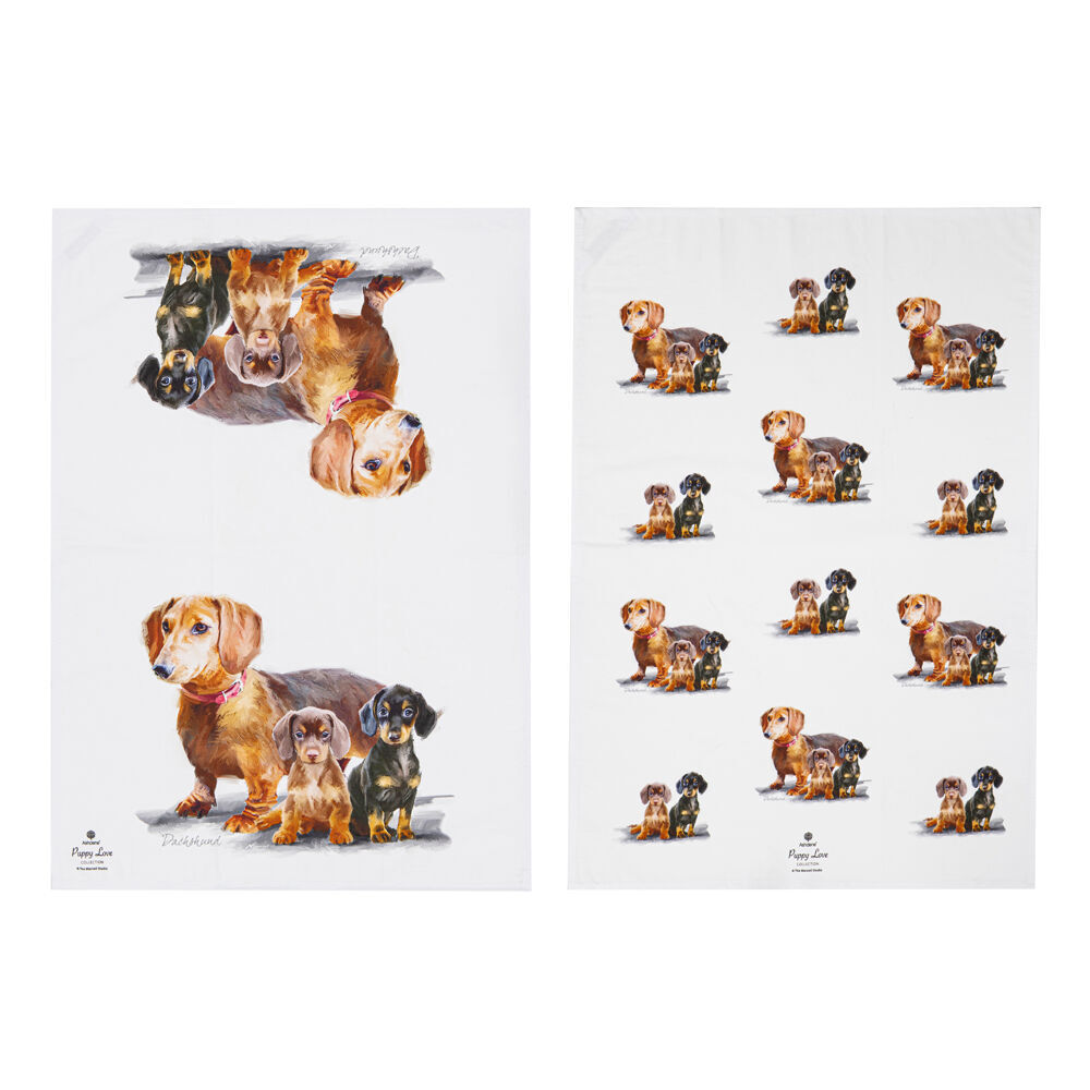 2x 2pc Ashdene Puppy Love Dachshund Kitchen Tea Towel 50x70cm - White