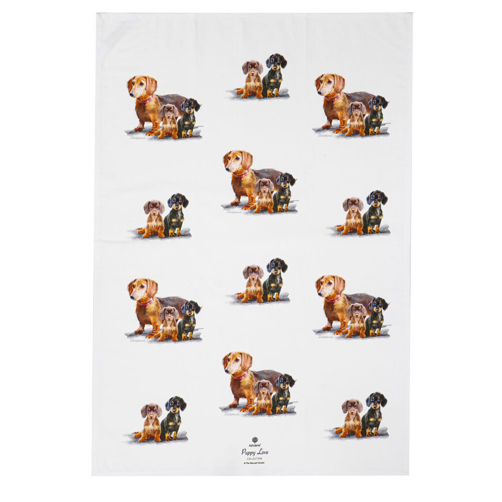 2x 2pc Ashdene Puppy Love Dachshund Kitchen Tea Towel 50x70cm - White