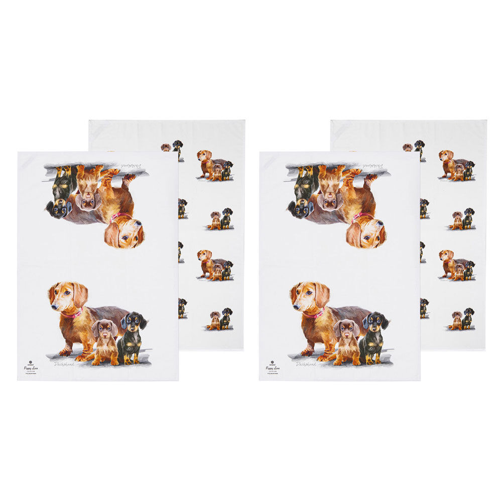 2x 2pc Ashdene Puppy Love Dachshund Kitchen Tea Towel 50x70cm - White