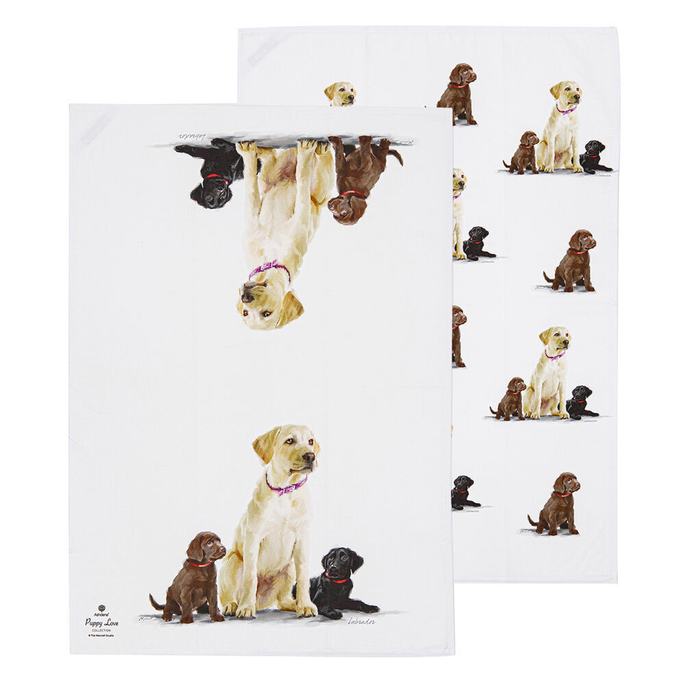 2x 2pc Ashdene Puppy Love Labrador Kitchen Tea Towel 50x70cm - White