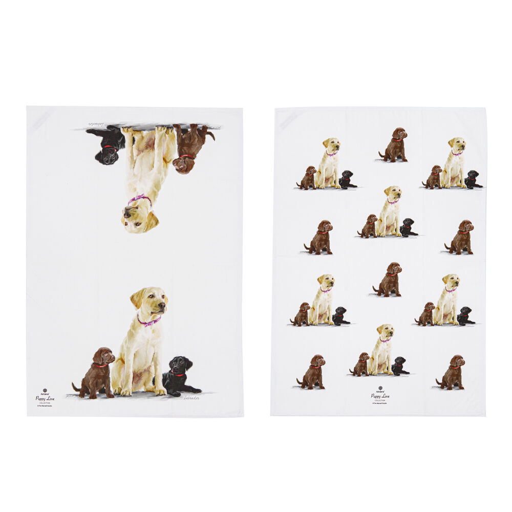 2x 2pc Ashdene Puppy Love Labrador Kitchen Tea Towel 50x70cm - White