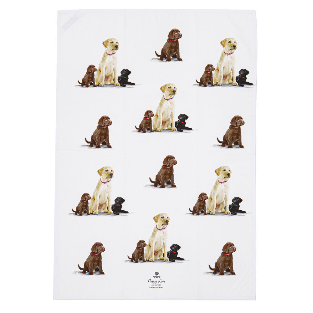 2x 2pc Ashdene Puppy Love Labrador Kitchen Tea Towel 50x70cm - White