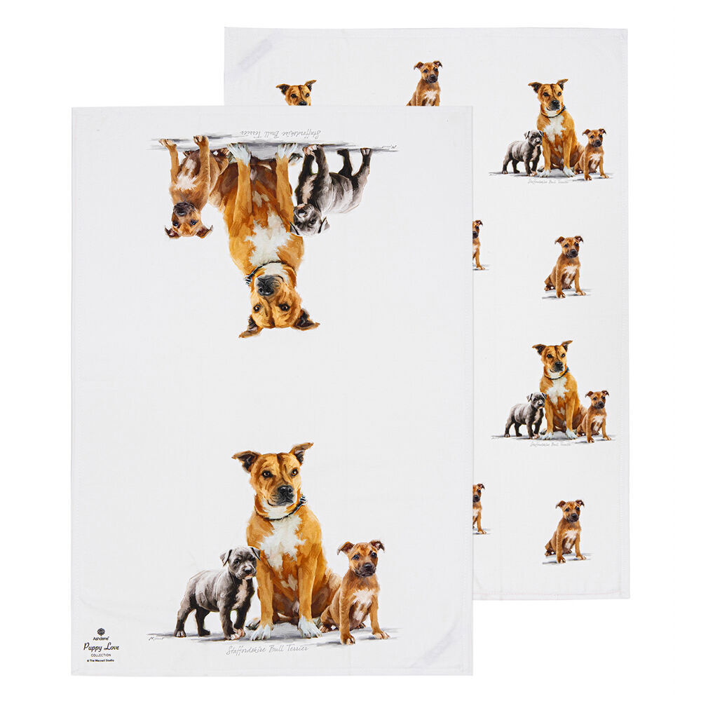 2x 2pc Ashdene Puppy Love Staffy Terrier Kitchen Tea Towel 50x70cm - White