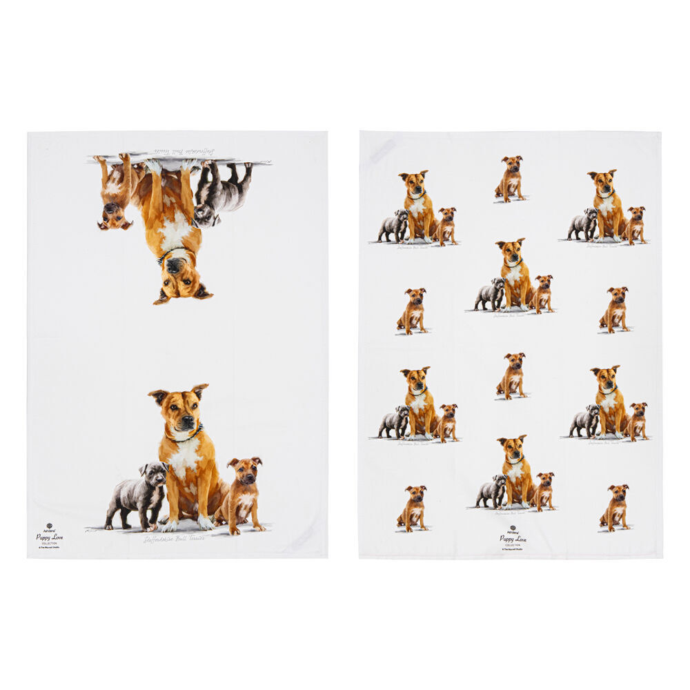 2x 2pc Ashdene Puppy Love Staffy Terrier Kitchen Tea Towel 50x70cm - White