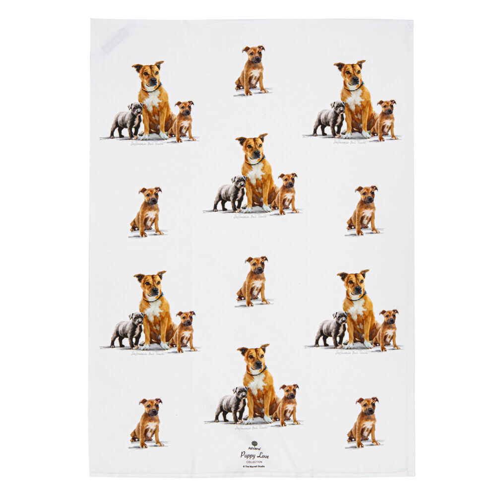 2x 2pc Ashdene Puppy Love Staffy Terrier Kitchen Tea Towel 50x70cm - White