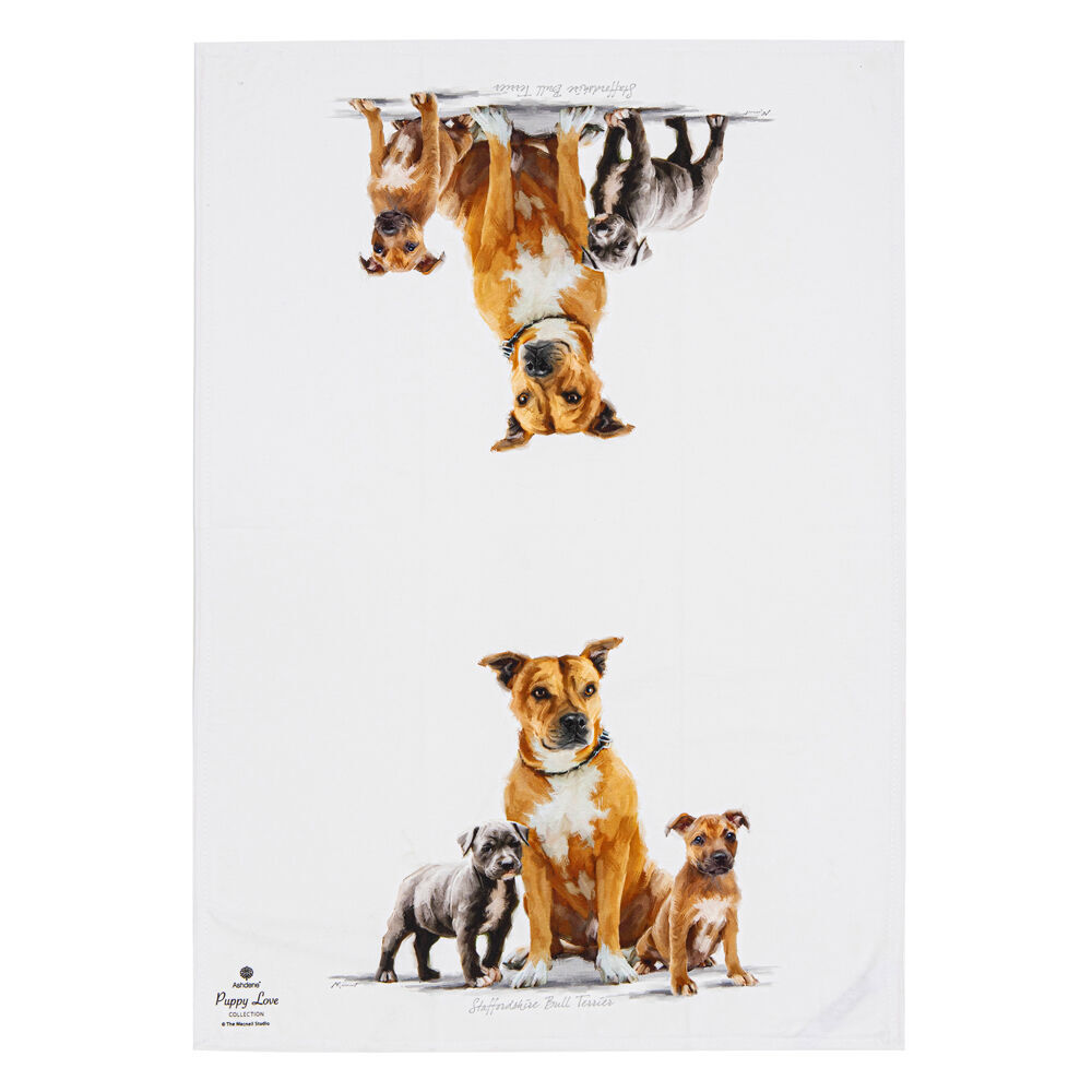 2x 2pc Ashdene Puppy Love Staffy Terrier Kitchen Tea Towel 50x70cm - White