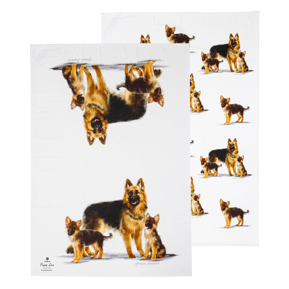 2x 2pc Ashdene Puppy Love German Shepherd Kitchen Tea Towel 50x70cm - White