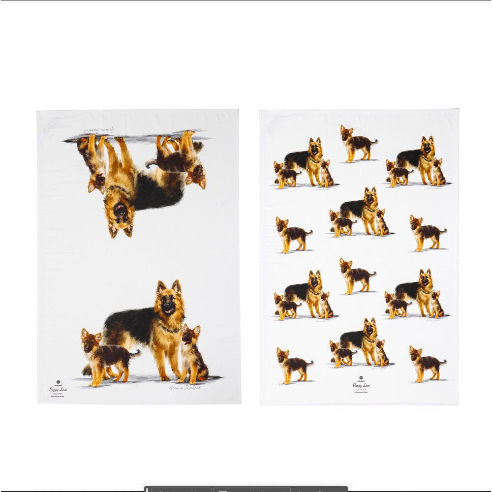 2x 2pc Ashdene Puppy Love German Shepherd Kitchen Tea Towel 50x70cm - White