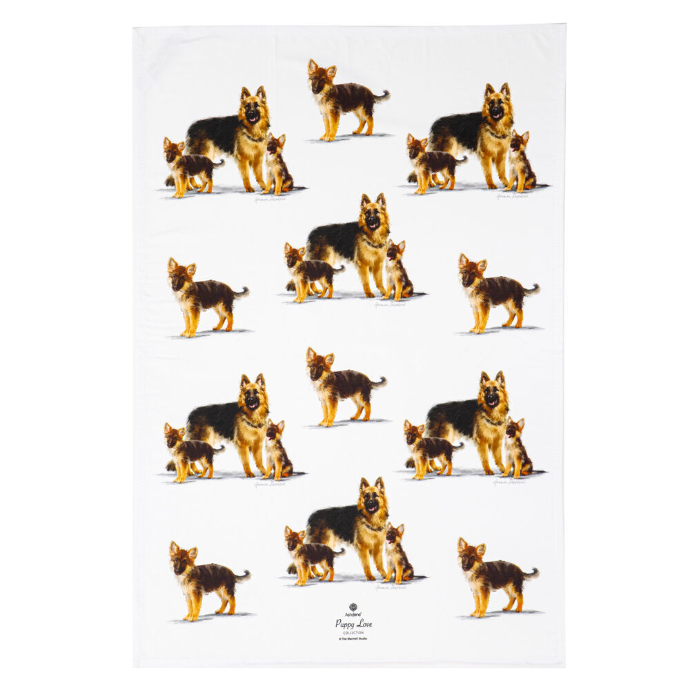 2x 2pc Ashdene Puppy Love German Shepherd Kitchen Tea Towel 50x70cm - White