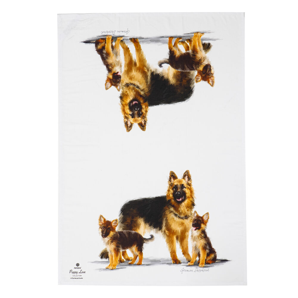 2x 2pc Ashdene Puppy Love German Shepherd Kitchen Tea Towel 50x70cm - White