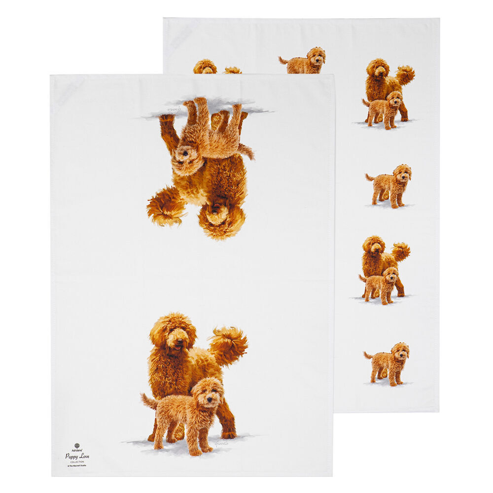 2x 2pc Ashdene Puppy Love Groodle Kitchen Tea Towel 50x70cm - White