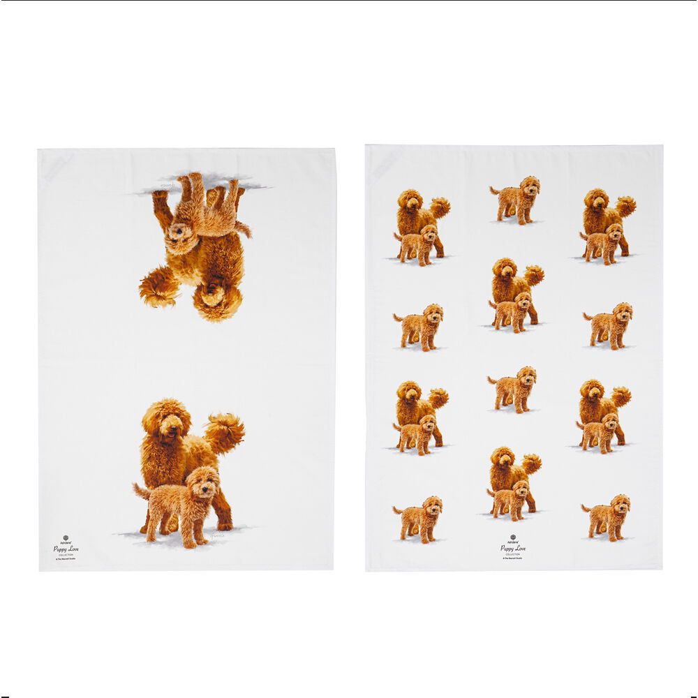 2x 2pc Ashdene Puppy Love Groodle Kitchen Tea Towel 50x70cm - White