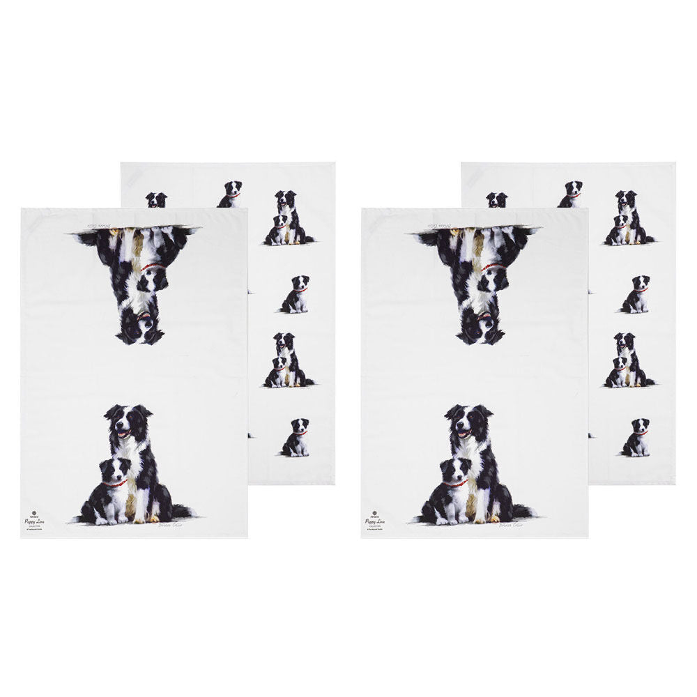 2x 2pc Ashdene Puppy Love Border Collie Kitchen Tea Towel 50x70cm - White