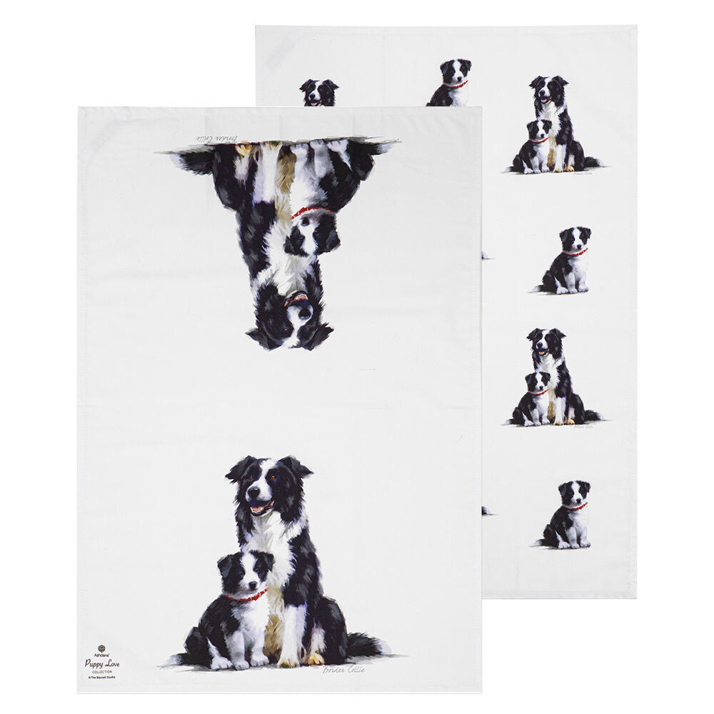 2x 2pc Ashdene Puppy Love Border Collie Kitchen Tea Towel 50x70cm - White